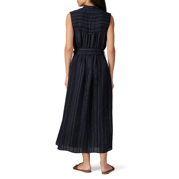 Vince Navy Blue Striped Button Front Belted Maxi Shirtdress Women's Size Medium - Picture 3 of 10